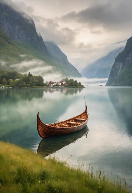 00124-8k breathtaking view of a shored Viking Boat laying on grass, Njardar (Sognefjord) , milky haze, morning lake mist, masterpiece,.png